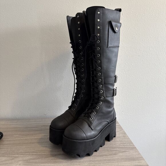 Current Mood Black Leather Tall Combat Platform Boots Lace-Up Zip Womens Size 7 - Picture 4 of 11